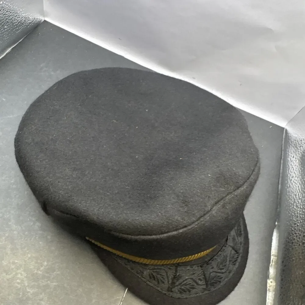 Vintage Greek Fisherman Cap Black Wool Gold Band Made in Greece Nautical Hat